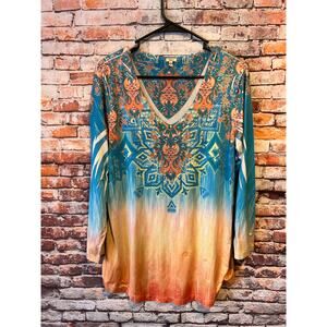 reba blue orange embellished bling stretchy blouse top shirt women's size large
